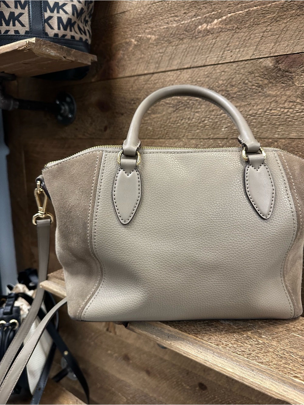 Michael Kors Taupe Pebbled Leather & Suede Satchel Crossbody Bag - Picture 5 of 8